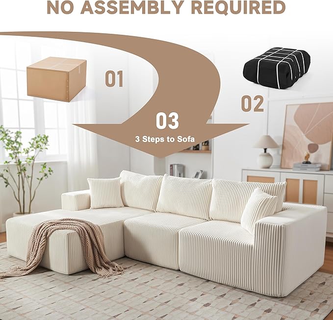 HUATEAN 108” Modular Sectional Sofa Cloud Sectional Couch with Deep Seat Modern Modular L-Shape Sofa Couch with ChaiseUpholstered Couches for Living Room Bedroom (CorduroyLvory)