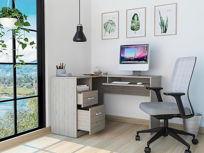 Home Office Desk L-Shaped Desk Two Drawers One Shelf CPU Storage for Study Office Small Apartment