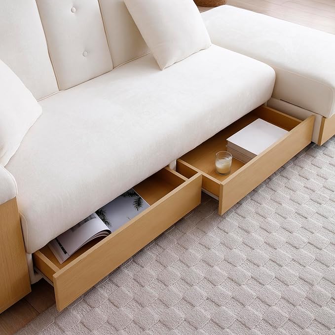 KEIKI Multi-Functional Sofa Sleeper with Storage Ottoman and Two Pull Out Drawer Fold Out Couch Bed with Side Storage Rack and Drop Down Table with 2 Cup Holders