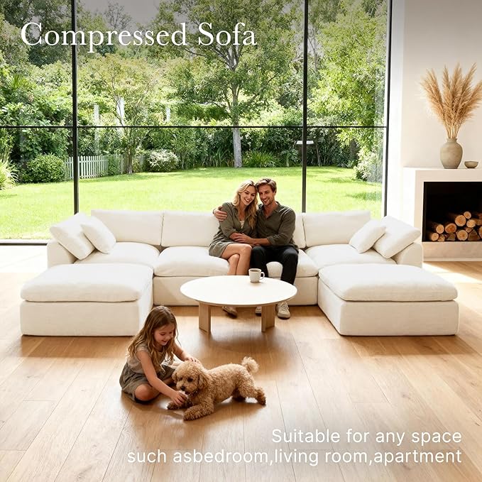 Cloud Modular Sectional Sofa Couch141” U-Shape Sofa with Wide Armrest Modern High-Density Sponge Compressed Couch for Living Room BedroomNo Assembly Needed (White 4 Seats+ 2 Ottoman)
