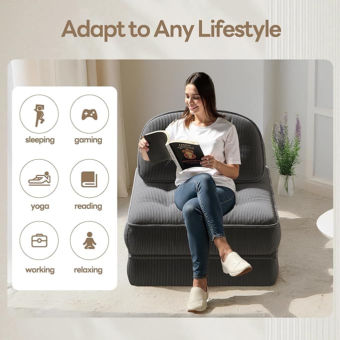 Dowinx Folding Sofa Bed with Pillow Small Convertible Comfy Couch Bed for Adults Home Lounge and Gaming Modern Comfortable Design for Apartment Living Room Bedroom Ribbed Velvet Gray