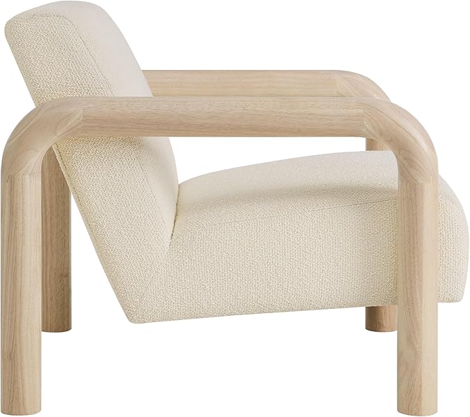 Modway Sereno Modern Boucle Fabric Accent Chair in Cream Oak with Rounded Wood Armrests – Upholstered Lounge Chair for Living Room or Bedroom
