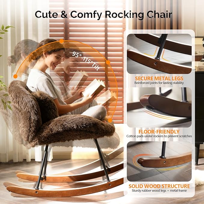 VINGLI 25.6 Wide Nursery Glider Chair 115° Reclining Armless Rocker with Lumbar Pillow &amp Solid Wood Base Plush Fleece Nursing Chair for Bedroom &amp Living Room Chocolate