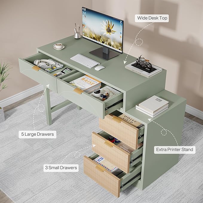 Tribesigns Computer Desk with 5 Drawers Reversible Small Writing Desk with Storage Modern Wooden Study Table Office Workstation for Home Office Small Spaces Mint Green