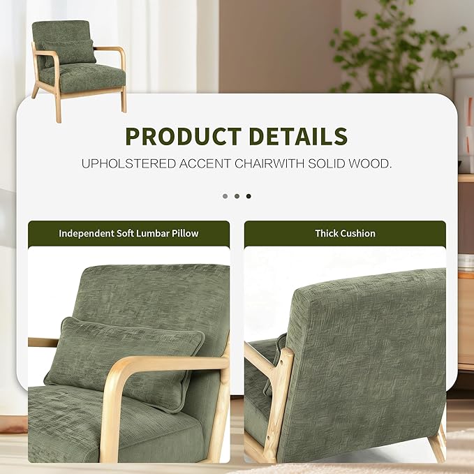 Mid Century Modern Accent Chair with Solid Wood Frame Comfy Reading Lounge Chair with Detachable Lumbar Pillow for Living Room Bedroom Office Vintage Small Wooden Armchair for Waiting Room (Green)