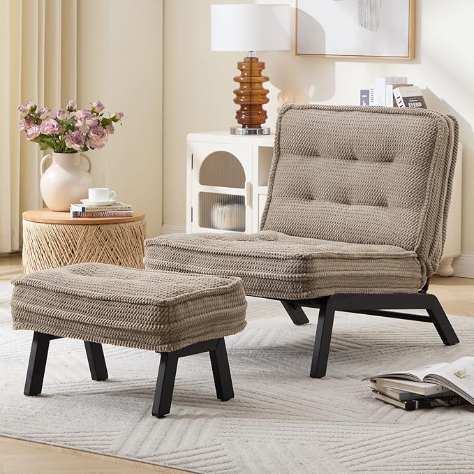 ANJ Accent Chair with Ottoman Adjustable Backrest Khaki Living Room Chair Tufted Upholstered Lounge Chair with Footrest Set Modern Chair Cozy Reclining Chair for Reading Room Bedroom
