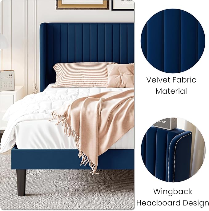 SHA CERLIN Queen Size Velvet Bed Frame with Vertical Channel Tufted Wingback Headboard Upholstered Platform Bed with Wood Slats No Box Spring Needed Easy Assembly Blue