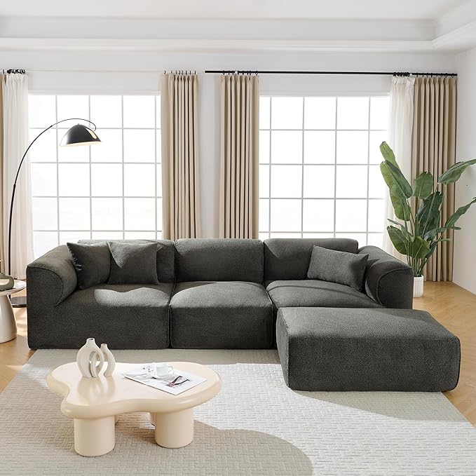 Luxury Living Room Double-Needle Cut Velvet Sofa 4-Seater with Pure Sponge Seat Cushions A Detachable Footstool and 3 Throw Pillows L Shaped Polyester Sofa for Living Rooms (Green-EK99)