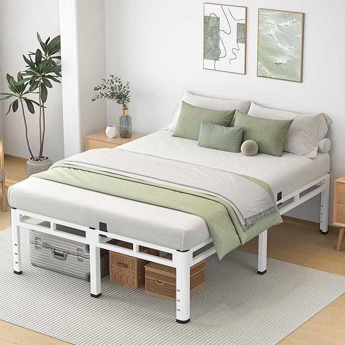 NKZ 20 Inch Full Size Bed Frame Metal Bed Frame &amp Box Spring 2 in 1 Platform with Round Corner Legs 4000lbs Weight Capacity Reinforced Metal Frame Headboard Hole Noise-Free Easy Assembly.