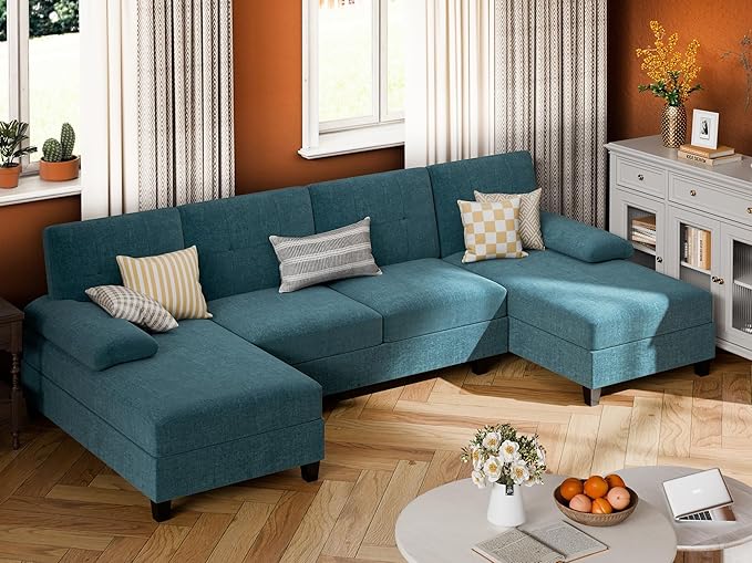 JY QAQA Sectional Couche with Soft Cushion U-Shaped Sofa with Double Chaise 4-Seat Linen Fabric Sofa Sets for Living Room Apartment Denim Blue