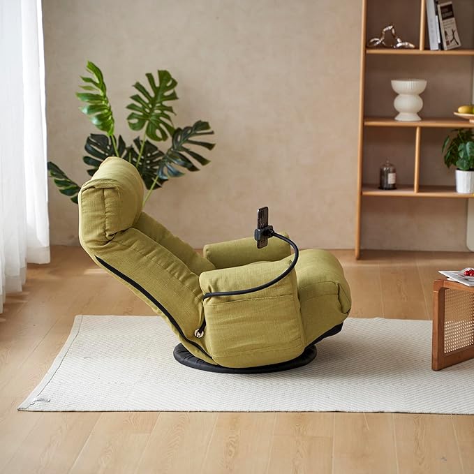Gwen Upholstered 360° Swivel Chair Lounge Chair with Adjustable Backrest/Headrest Metal Frame Living Room Lounge Sofa and Phone Holder Comfy Bean Bag Chair Green