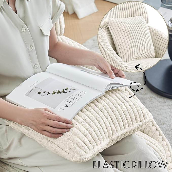 Furniliving Modern Accent Chair Upholstered Swivel Desk Chair for Living Room Sofa Chair for Bedroom Armchair Side Chair with Headrest Bedroom Chair with Pillow Comfy Corduroy Chairs Beige