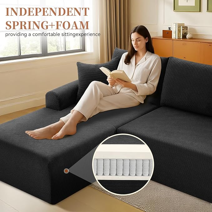 Modular Sectional Couch in a Box 103 L Shaped Boneless Cloud Couch with Deep Seat Convertible Sofa Bed for Living Room Bedroom Apartments No Assembly Required Black Left Facing Chaise