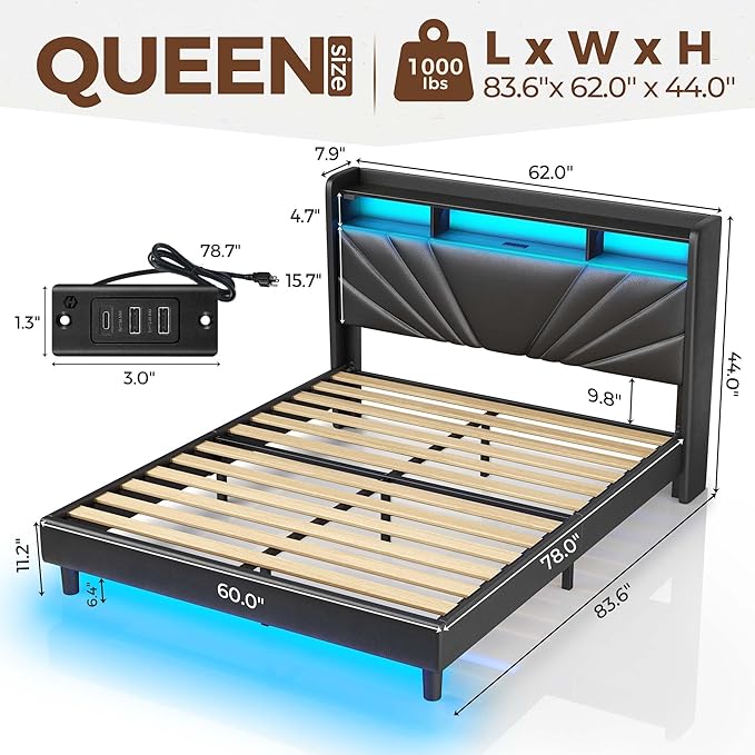 Rolanstar Queen Size Bed Frame Storage Headboard with Charging Station and LED Lights Upholstered Bed with Heavy Duty Wood Slats No Box Spring Needed Noise Free Easy Assembly Black