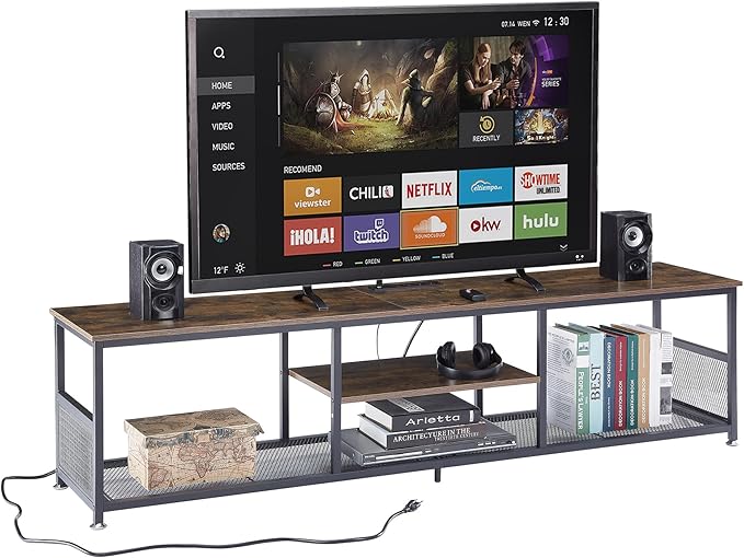 VECELO TV Stand with Power Outlets for Televisions up to 75Inch 62 Media Entertainment Center with Charging Station 3-Tier Open Storage Shelves with Metal Frame for Living Room/BedroomBrown