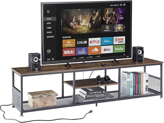 VECELO TV Stand with Power Outlets for Televisions up to 75Inch 62 Media Entertainment Center with Charging Station 3-Tier Open Storage Shelves with Metal Frame for Living Room/BedroomBrown