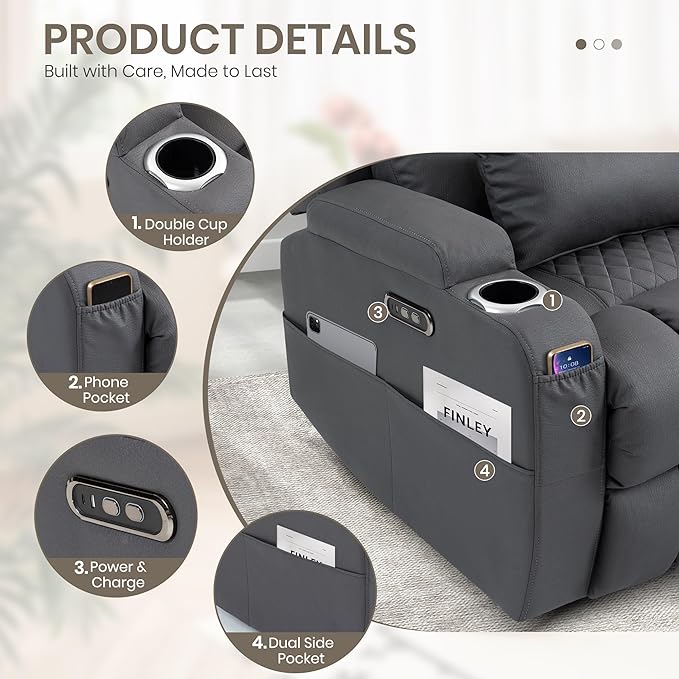 Wall Hugger Power Reclining Loveseat with Manual Adjustable Headrests Electric Recliner Sofa with USB/Type-C Ports Cup Holders – Perfect for RV and Small Spaces (Grey)