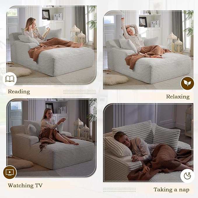 67 Inch Oversized Chaise Lounge Chair IndoorBoneless Corduroy Sofa Bed with Spring CushionDeep Seat Cloud Couch and Reading LoungerSoft Sleeper Sofa for Living RoomNo Assembly RequiredLight Grey