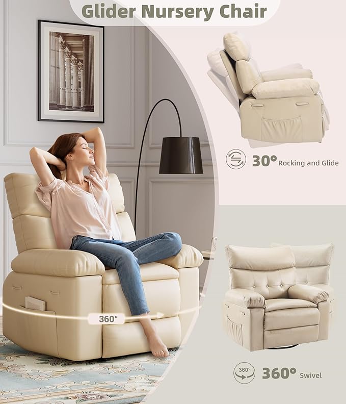 GarveeHome Oversized Leather Recliner Chair Swivel Rocker Manual Recliner for Adults Lazy Rocking Chair with Comfort Arms and Back Single Sofa for Living Room