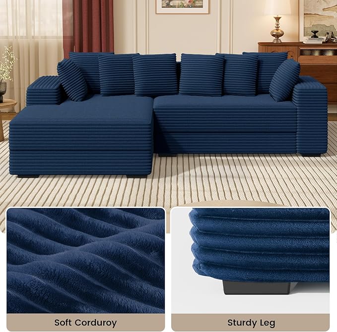 111'' Modular Sectional Cloud Couches with Chaise L Shaped Large Sleeper Couch Fluffy Corduroy with 8pcs Pillows for Living Room(Blue Left Facing Chaise)