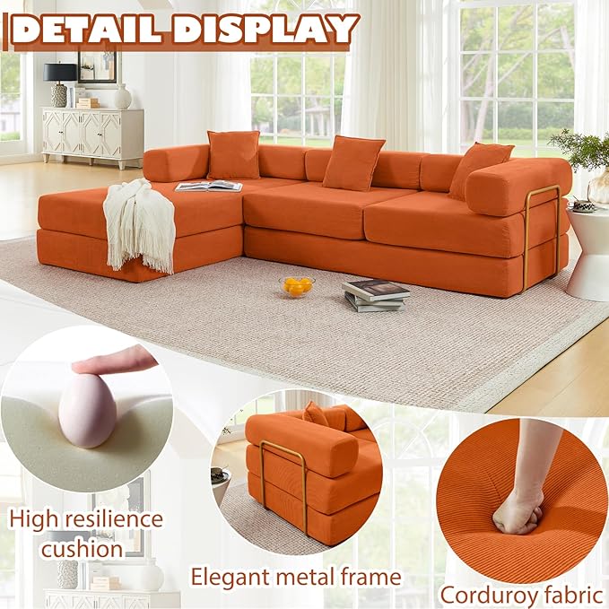 108 Modular Sectional SofaFuton Convertible Sofa BedOversized Corduroy Boneless Couch for Living RoomFloor Loveseat Sleeper with Pull Out BedFree CombinationNo Assembly Required (Orange)