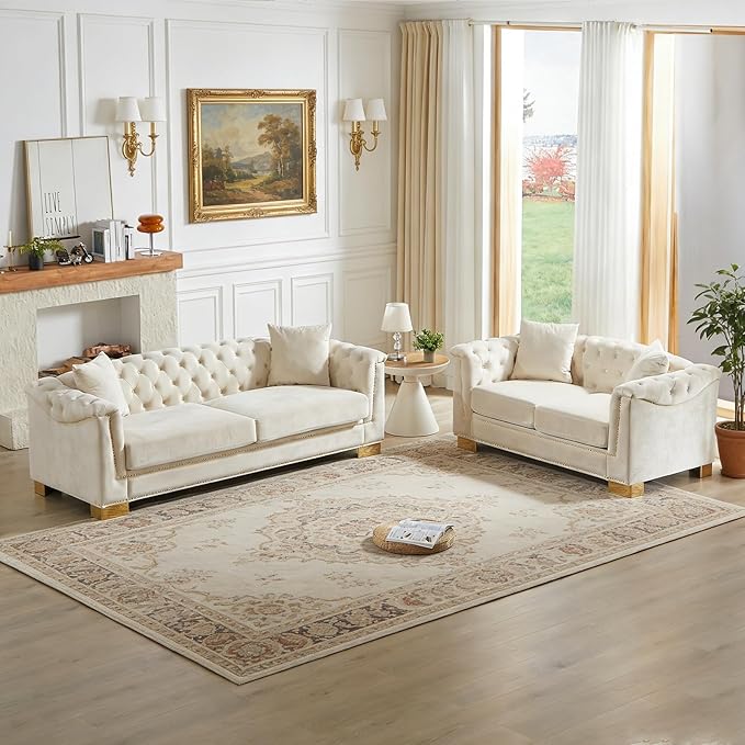 84 Chesterfield Sofa 3 Seater Tufted Velvet Couch with Rolled Arms Mid Century Modern Love Seat with Nailhead Trim&ampRemovable Cushions&ampGold Block Legs Comfy Deep Seat Couches for Living Roo