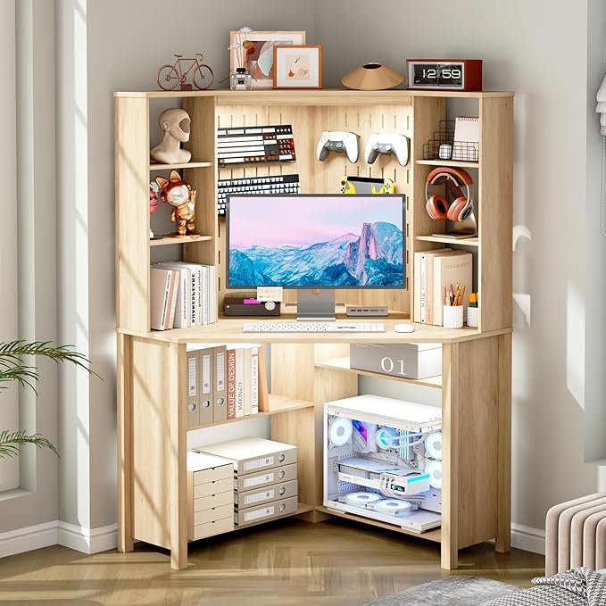 L-Shaped Corner Desk LED Light Computer Desk with Charging Station Hutch Storage Shelves &amp File Cabinet Home Office Desk Workstation for Small Space Natural Wood
