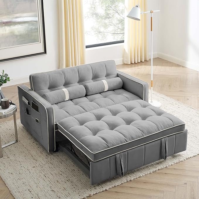 Sleeper Sofa Couch w/Pull Out Bed 55 New Upgraded Tufted Velvet Convertible Sleeper Couch Bed Small Love seat Sofa w/ 2 Pillows for Small Space Living Room Apartment Beige