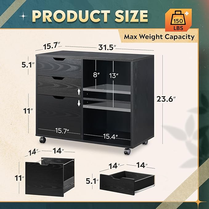 DEVAISE 3-Drawer Wood File Cabinet Mobile Lateral Filing Cabinet Printer Stand with Open Storage Shelves for Home Office Black