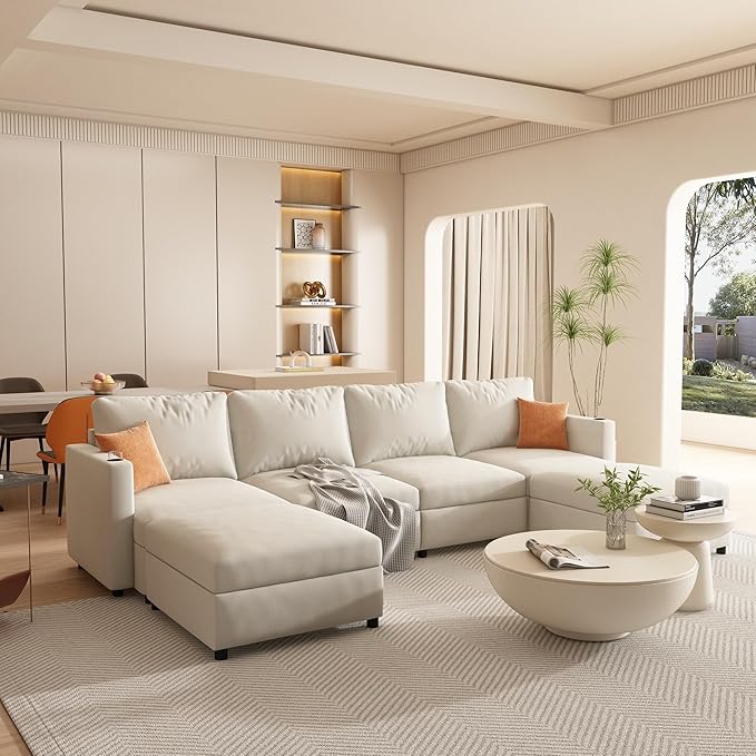 kevinplus 123'' Modular Sectional Sofa Couch with Storage Space &amp Ottoman for Living Room Modern Upholstered U-Shape Sectional Sofa Couch 4-Seat Free Combination Chenille Fabric Antique White