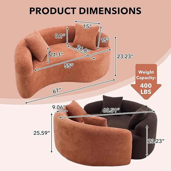 67 Modular Sectional Loveseat Sofa Chenille Upholstered Cloud Couch with S-Shaped Cushion Boneless Couch Sleeper Deep Seat Sofa with Throw Pillows for Living Room (Coral) | Chenille Comfortable