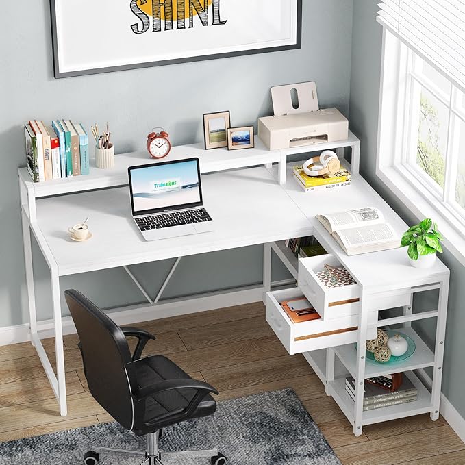 Tribesigns 55-inches Reversible L Shaped Desk with Drawer Modern White L Corner Desk Home Office Table with Storage Shelves and Monitor Stand Wooden and Metal PC Desk for Small Space