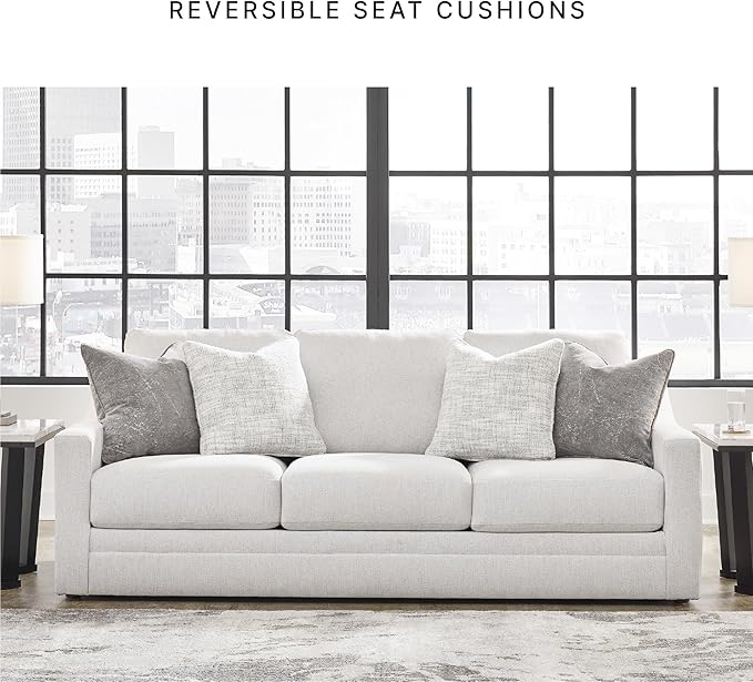 Signature Design by Ashley Maitelynn Contemporary Sofa with Accent Pillows Reversible Cushions and Sloped Arms Light Gray