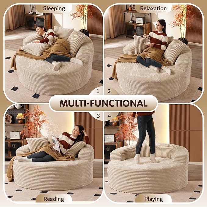 ovios 58 Oversized Round Chair Lounge Chaise Indoor No Assembly Required Cloud Large Circle Chair with Plush Fuax Fur Fluffy Modern Sleeper Sofa Bed for Reading Yoga Beige (Plush Corduroy Fabric)