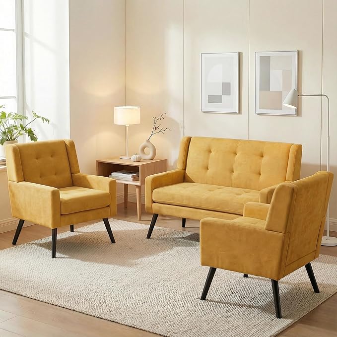 Mid-Century Modern 47 Small Loveseat &amp 2 Accent Chair Set Plush Linen Fabric with Button Tufted High Back &amp Solid Wood Legs for Apartment Living Room Bedroom Home Office (Yellow 3-Piece