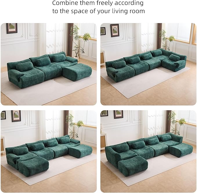 148.2 Boneless Couches for Living Room Set Cloud Modular Sectional Sofa in a Box Memory Foam Modern Couch Big Comfy Compressed Sofas L Shaped Couch with Corner Bedroom Apartment Dark Green