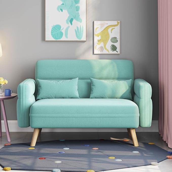 Yaheetech 46 Small Modern Fabric Sofa Loveseat Mid Century 2 Seater Sofa Couch with Lumbar Pillows Solid Wood Legs for Living Room Small Space Dorm Office Bedroom Aquamarine