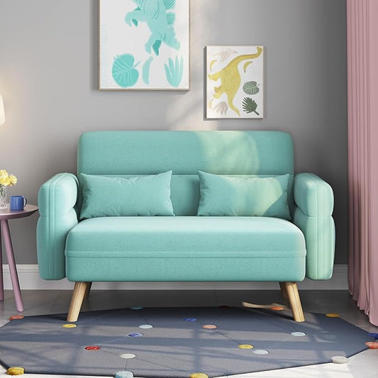 Yaheetech 46 Small Modern Fabric Sofa Loveseat Mid Century 2 Seater Sofa Couch with Lumbar Pillows Solid Wood Legs for Living Room Small Space Dorm Office Bedroom Aquamarine