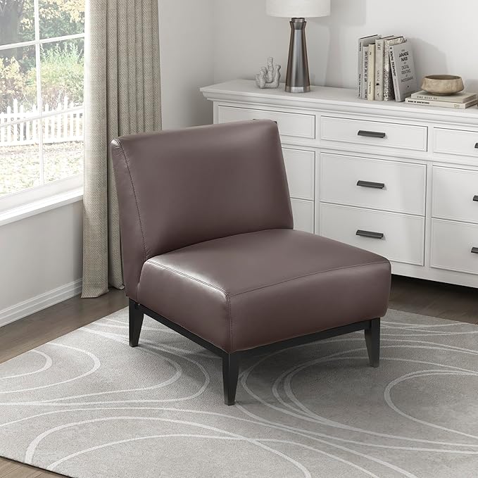 Lexicon Modern Living Room Leather Accent Chair Luxury Genuine 100% Top Grain Leather Upholstered Armless Chair Comfortable Seat Black Solid Wood Legs for Bedroom/Office Easy Assembly Dark Brown