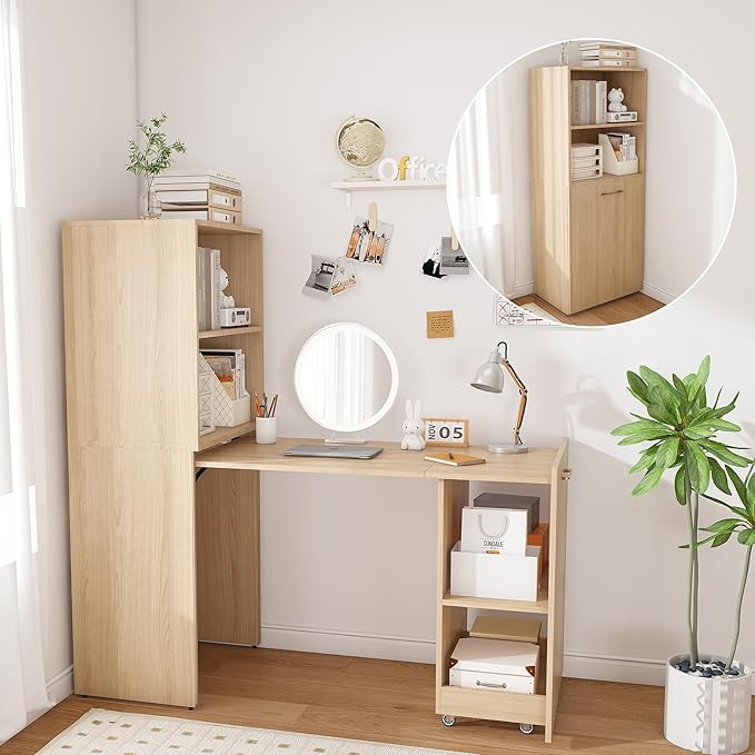 LUMISOL Multi-Function Folding Out Desk with Storage Shelves for Home &amp Office Hidden Desks with Mobile Wheels Pull Out Home Office Desk for Small Spaces Natural Wood