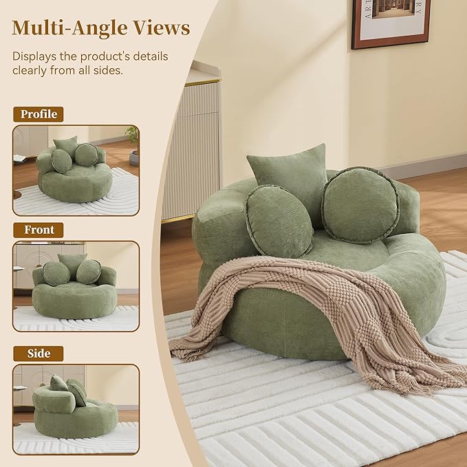 Round Oversized Chair Floor Sofa Chair Chenille Compressed Circle Chaise Lounge No Assembly Boneless Barrel Chair Lazy Bean Bag Couch Accent Chair for Living Room Bedroom DormGreen