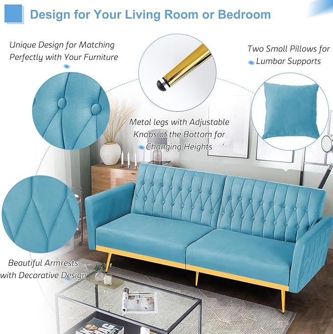 70” Velvet Futon Sofa Bed with 2 Pillows and Adjustable Armrests Convertible Sleeper Bed W/Adjustable Backrests Modern Loveseat for Living Room Bedroom Baby Blue