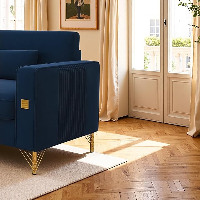 KEIKI 86 Oversized Luxury Velvet Sofa with Armrest and Removable Plush Cushions Gold Accents 3-Seater Couch with Solid Legs Easy Assembly for Living Room Bedroom Apartment Blue