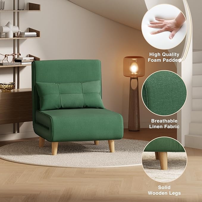 Aiho 3-in-1 Convertible Sleeper Chair BedFuton Chair with 6-Level Adjustable Backrest for Apartment Bedroom OfficeGreen