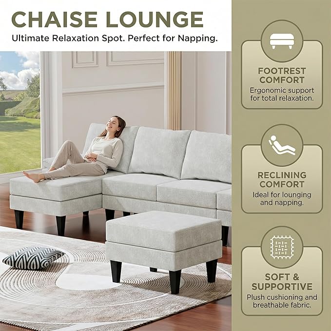4-Seat U-Shaped Modular Sofa with Double Storage Ottoman - Space-Saving Convertible Lounge Couch for Home &amp Office White