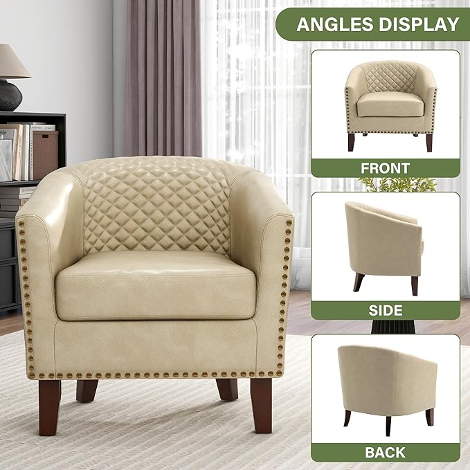 UIXE Faux Leather Accent Chair Barrel Club Chair Upholstered Armchair for Living Room Comfy Modern Round Arm Chair Bedroom Reading Seat - Beige