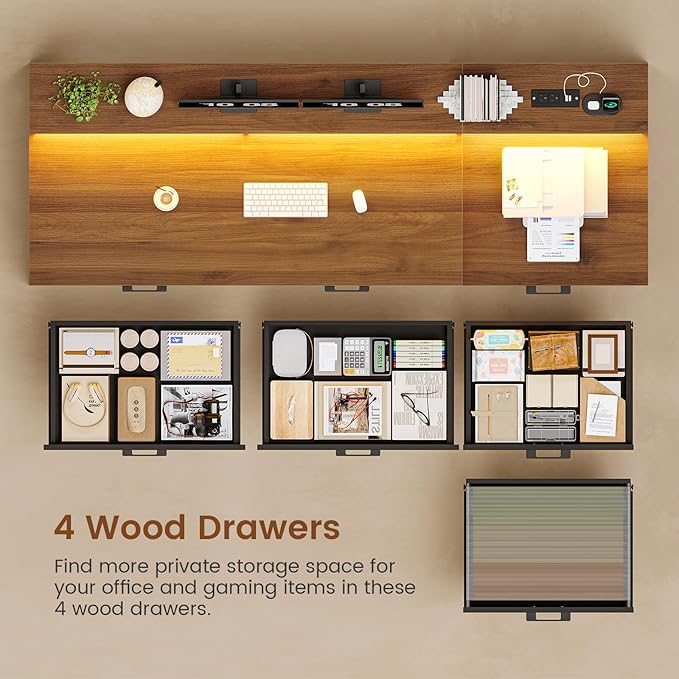 SEDETA Farmhouse Home Office Desk with File Drawer &amp Power Outlet Computer Desk with 4 Drawer Storage Shelves Printer Cabinet and Monitor Shelf Gaming Desk with Led Lights Black Brown