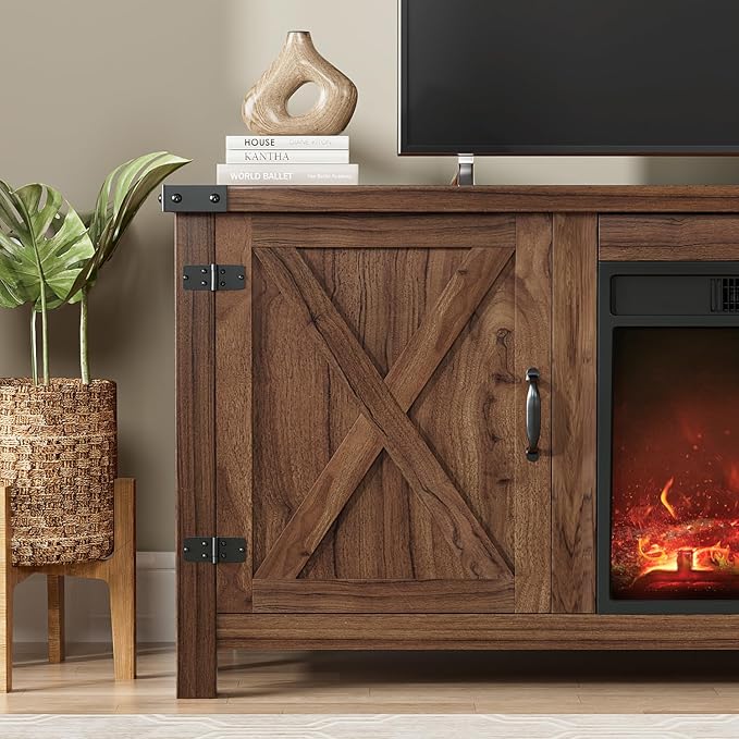 YESHOMY Fireplace TV Stand with Two Barn Doors and Storage Cabinets for Televisions up to 65+ Inch Entertainment Center Console Table Media Furniture for Living Room 58 Inch Walnut