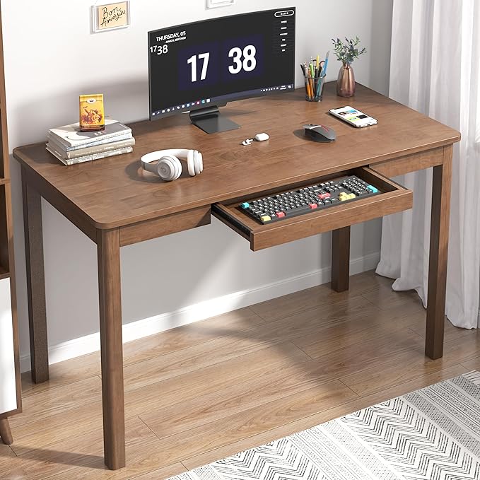 100% Solid Wood Desk with Keyboard Tray - 48 x 24 Inch Computer Desk with Keyboard Tray Mid Century Modern Writing Desks Simple Study Table Home Office Desks for Small Spaces|Bedroom-Walnut
