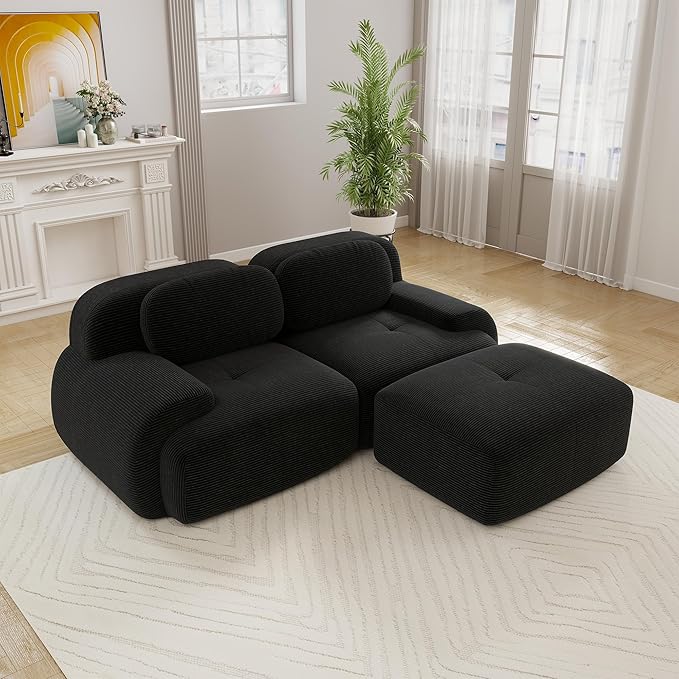 Boneless Sectional Couch No Assembly Required 81.8” L Shaped Modular Cloud Sofa with Pillow and Ottoman Deep Seat Corduroy Couch for Living Room Bedroom Office Apartment